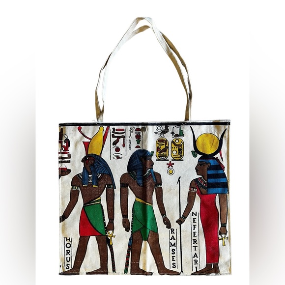 Egyptian Canvas Tote Bag Nefertari Ramses Horemheb Colorful Hieroglyphics Horus - Picture 7 of 7
